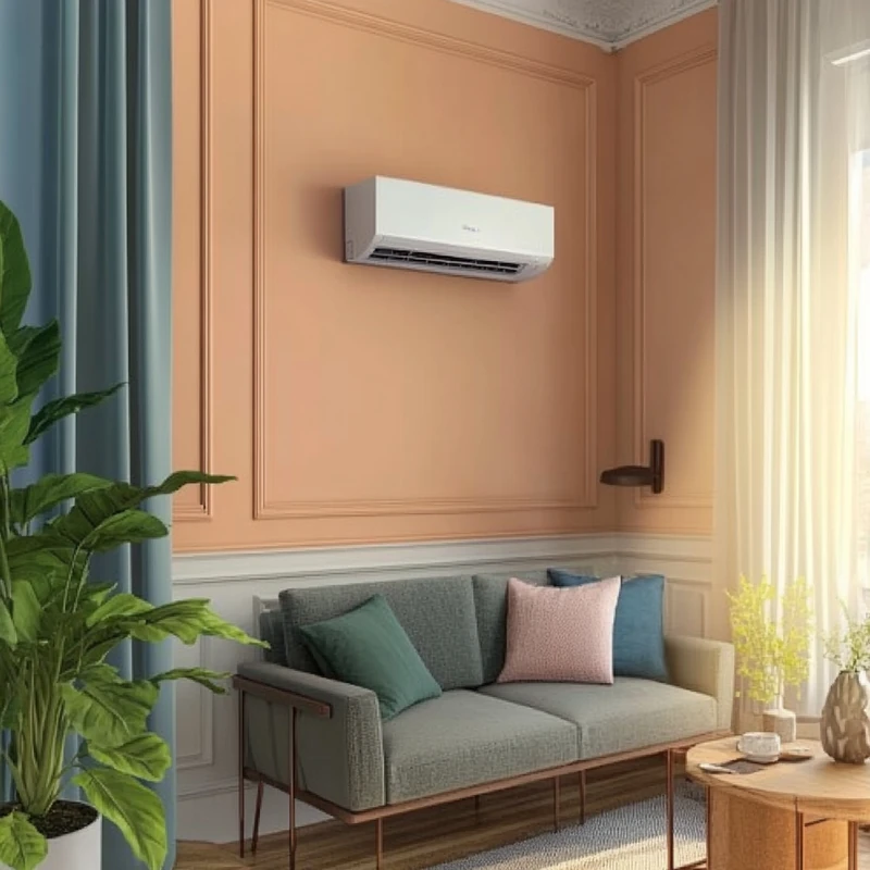 가성비를 중점으로 다양한 벽걸이 에어컨의 성능을 비교하는 정교한 이미지. 미니멀리즘과 우아함이 조화를 이룬 아파트에서, 절제된 파스텔 색감과 풍부한 자연광이 조화를 이룹니다.