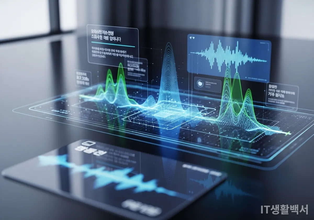 AI가 음성 파동을 분석하여 목소리를 복제하는 과정을 시각화한 이미지