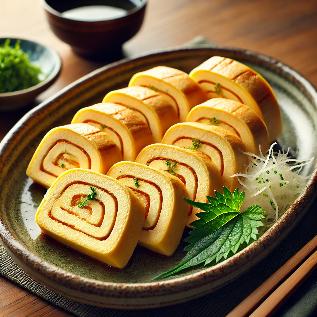 🍱 5. 타마고야키 (卵焼き)
타마고야키는 일본식 계란말이로, 계란에 간장과 다시 국물을 넣어 부드럽게 구워 만든 요리예요. 달콤하고 촉촉한 맛 덕분에 도시락 반찬으로도 인기가 많아요.