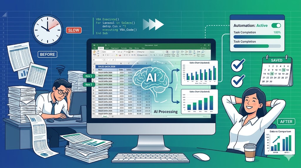 "엑셀 AI 자동화와 VBA 코드를 활용한 업무 효율 개선 비교 일러스트. 왼쪽에는 수많은 서류에 둘러싸인 업무 과부하 상태의 직원이, 오른쪽에는 AI 데이터 처리로 업무를 자동화하고 여유를 찾은 직원이 대비되어 나타남. 데이터 클리닝, 자동 대시보드 생성, 시간 절약 및 생산성 향상을 시각화한 비즈니스 테크 배경화면."