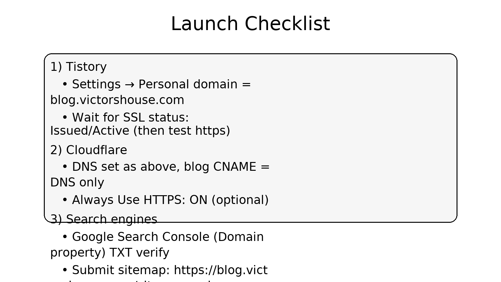 런칭 체크리스트: Tistory SSL→Cloudflare→GSC·네이버→QA(리다이렉트·사이트맵·모바일