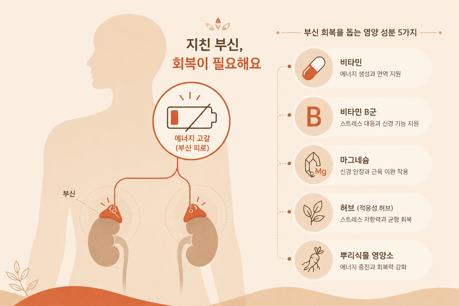 부신의 위치와 배터리 방전 아이콘으로 부신 피로를 표현하고 비타민, 비타민 B군, 마그네슘, 허브, 뿌리식물 등 부신 회복을 돕는 영양 성분을 함께 설명