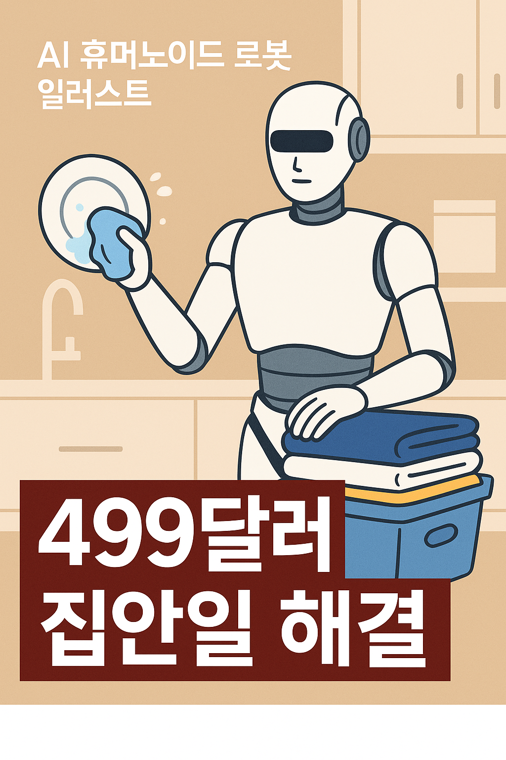 집안일을 대신하는 AI 휴머노이드 로봇이 설거지와 빨래를 하고 있는 장면과 ‘499달러 집안일 해결’이라는 문구를 담은 일러스트 이미지