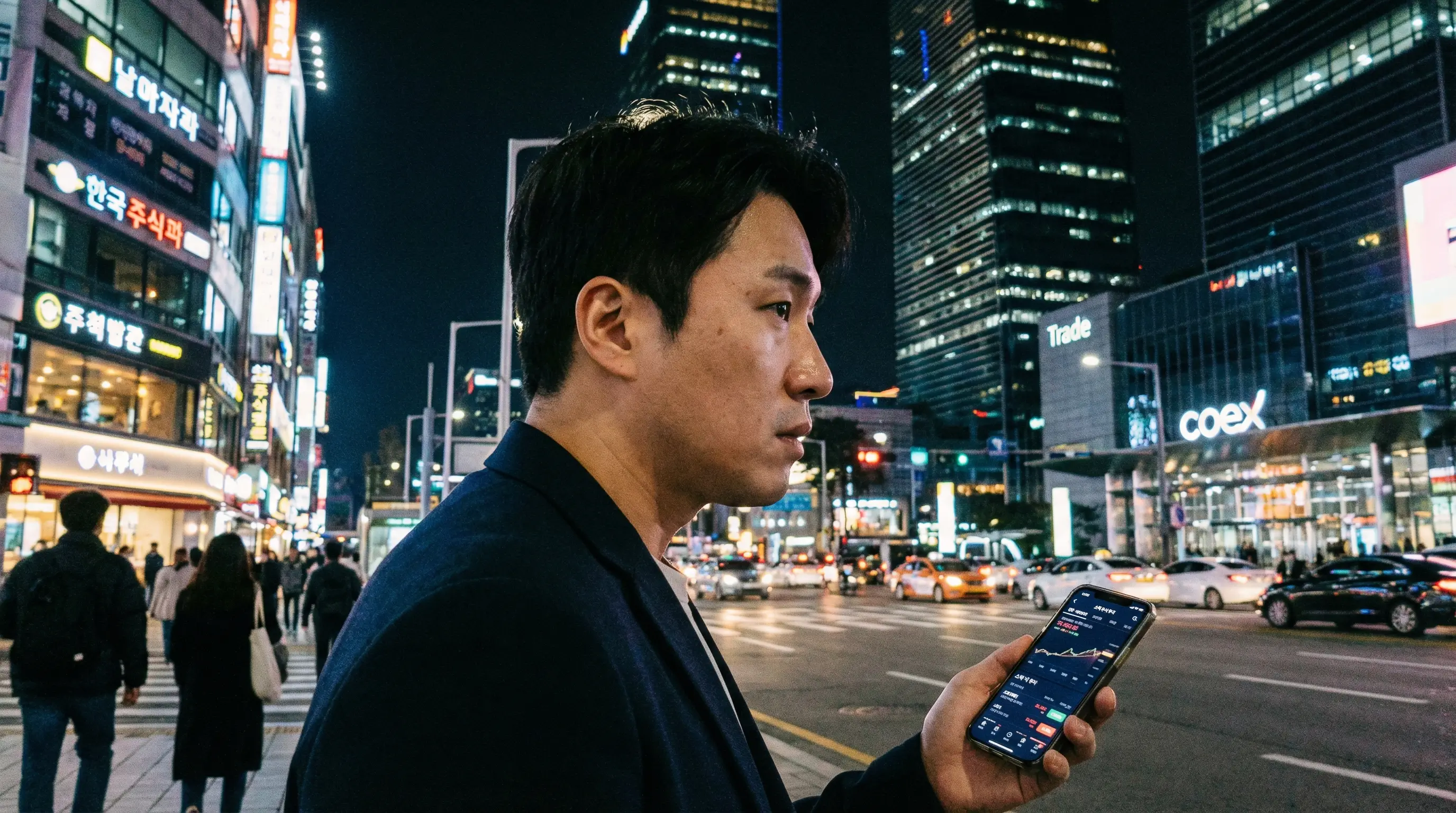 화려한 강남 빌딩과 스마트폰 소액 투자를 고민하는 모습