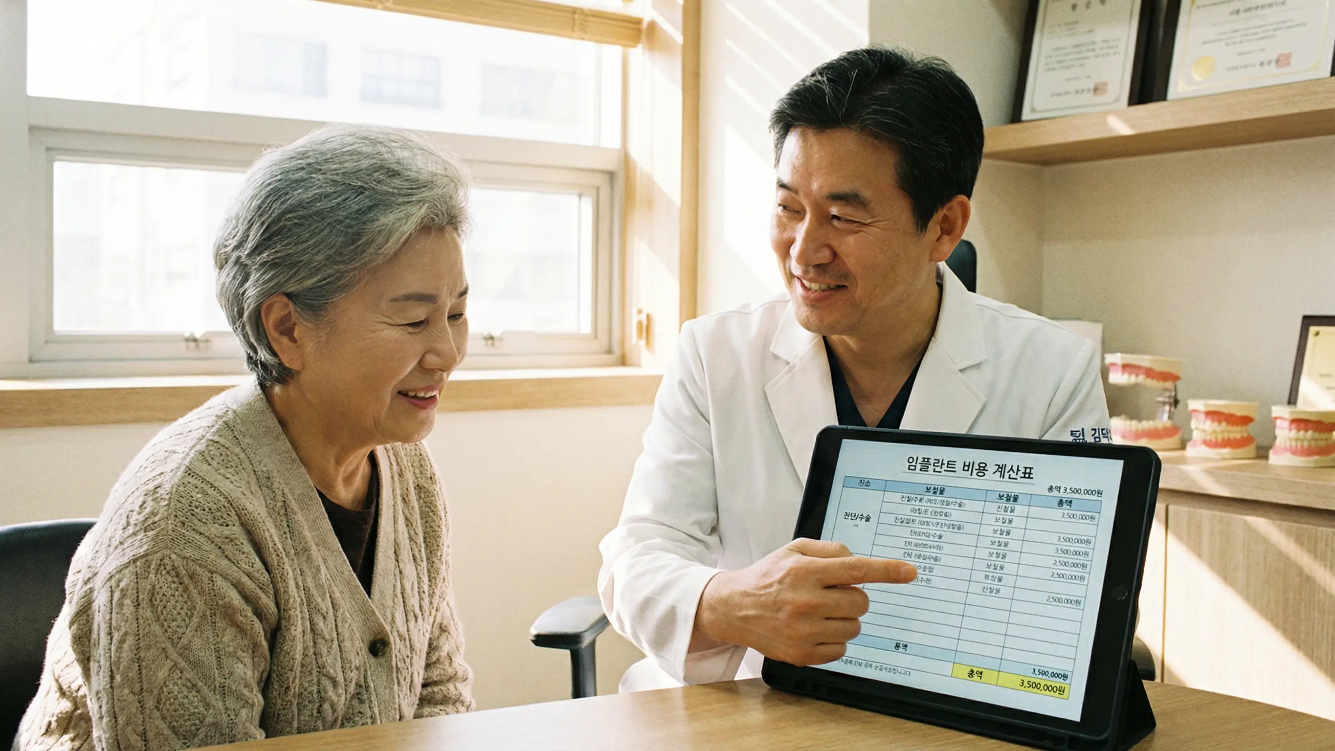 치과 상담실에서 의사가 어르신에게 임플란트 비용 계산표를 보여주며 친절하게 설명하는 모습