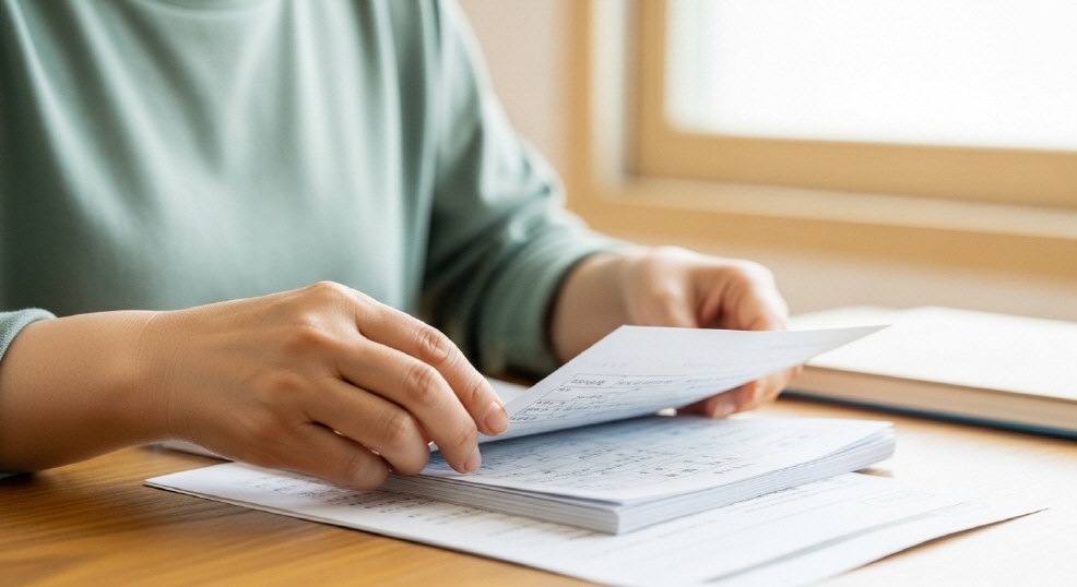 서류를 꼼꼼히 정리하는 엄마의 손