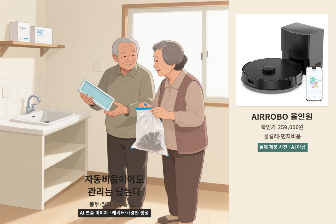 필터와 먼지봉투 관리 방식을 비교하는 AI 연출 장면과 AIRROBO 실제 제품 사진
