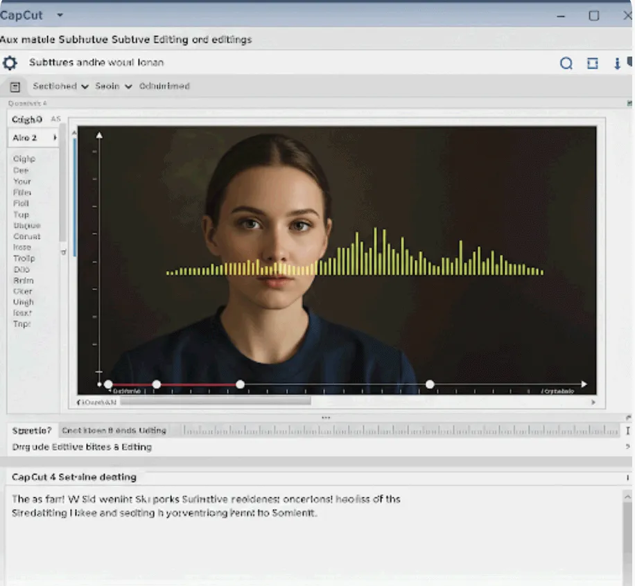 CapCut 편집 화면이 보입니다. 화면 중앙에는 이어폰을 낀 채 정면을 응시하는 젊은 여성이 보입니다. 여성의 입 주변에는 노란색의 오디오 파형이 표시되어 있습니다. 화면 하단에는 편집 타임라인과 텍스트 편집 창이 보입니다. 화면 상단에는 CapCut의 메뉴와 도구 아이콘들이 보입니다.