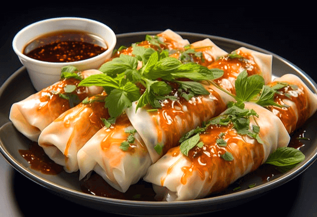 둥그런 고동색 접시에 월남삼 4개가 있다. 양념간장이 담긴 작은 그릇도 있다.