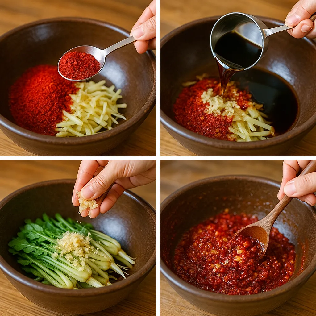 고춧가루 양념장 만드는 과정을 한눈에 보여줍니다