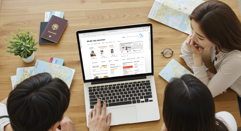스탑오버 신청을 위해 공식 홈페이지에서 다구간 항공권 옵션을 확인하며 비자 및 수하물 유의사항을 점검하는 여행자.