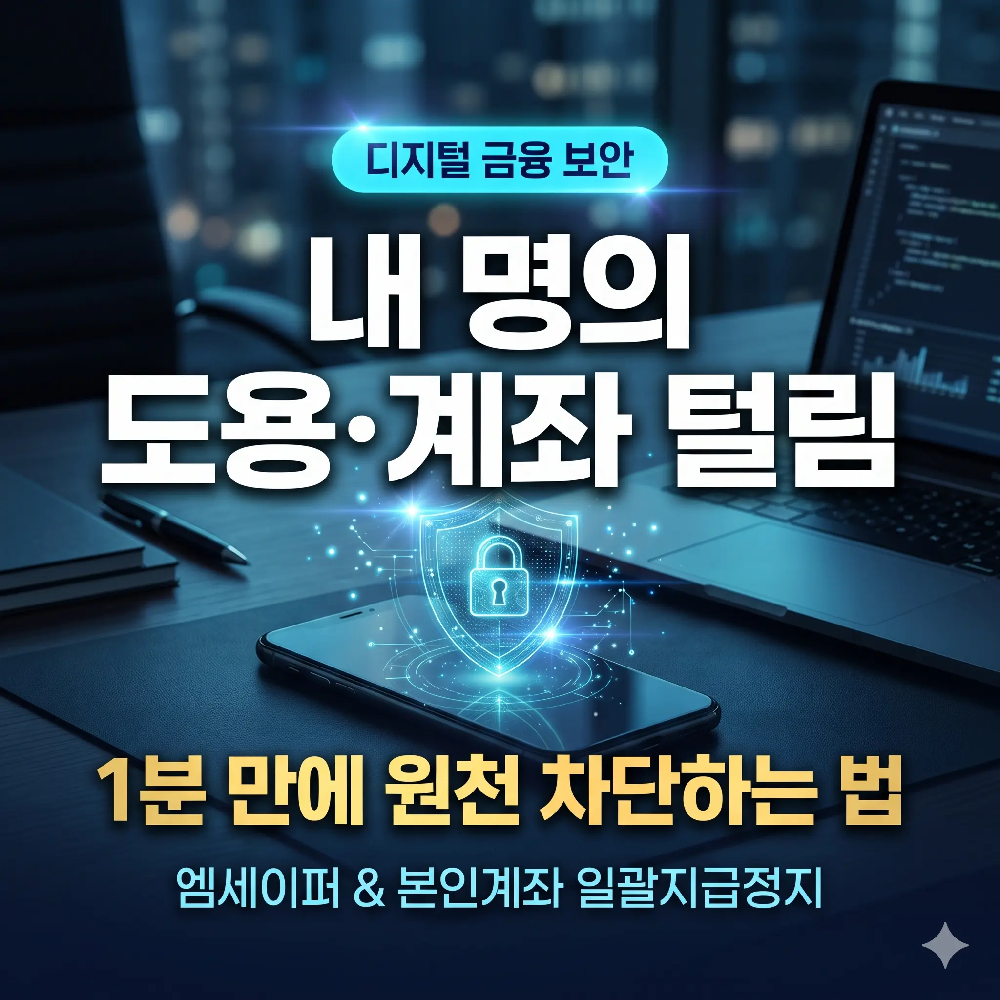 디지털 금융 보안 대표 썸네일: 스마트폰 보안 방패 자물쇠 그래픽과 '내 명의 도용&middot;계좌 털림 1분 만에 원천 차단하는 법, 엠세이퍼 및 본인계좌 일괄지급정지' 안내 문구