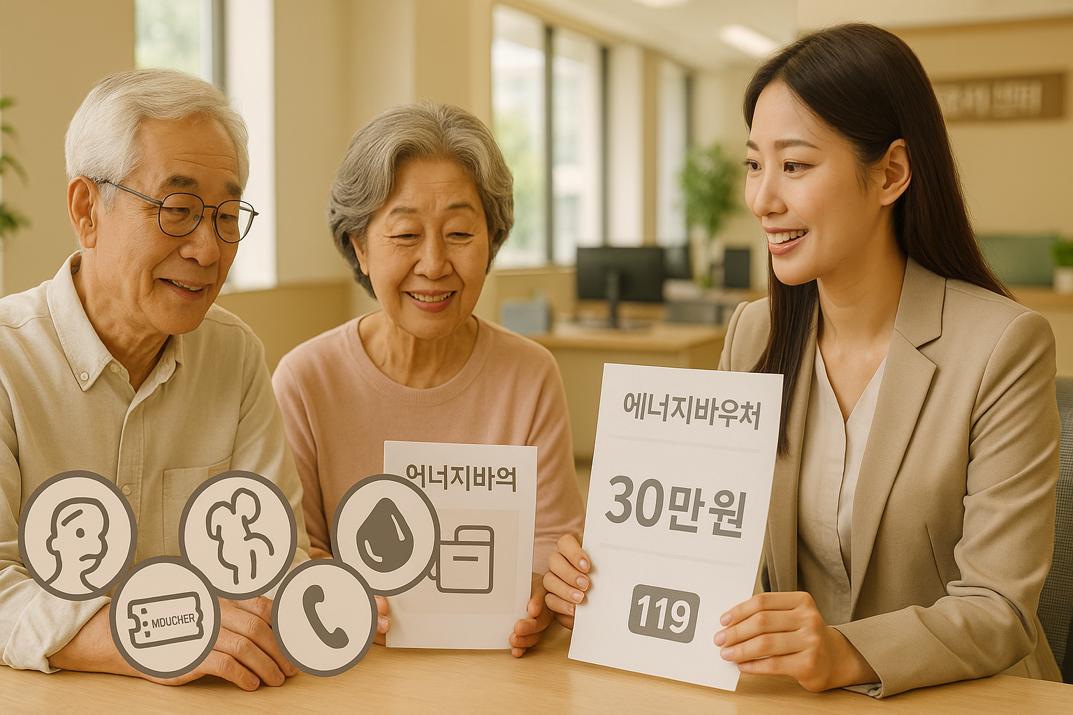 공공기관에서 에너지바우처 안내를 받는 한국 노부부와 공무원