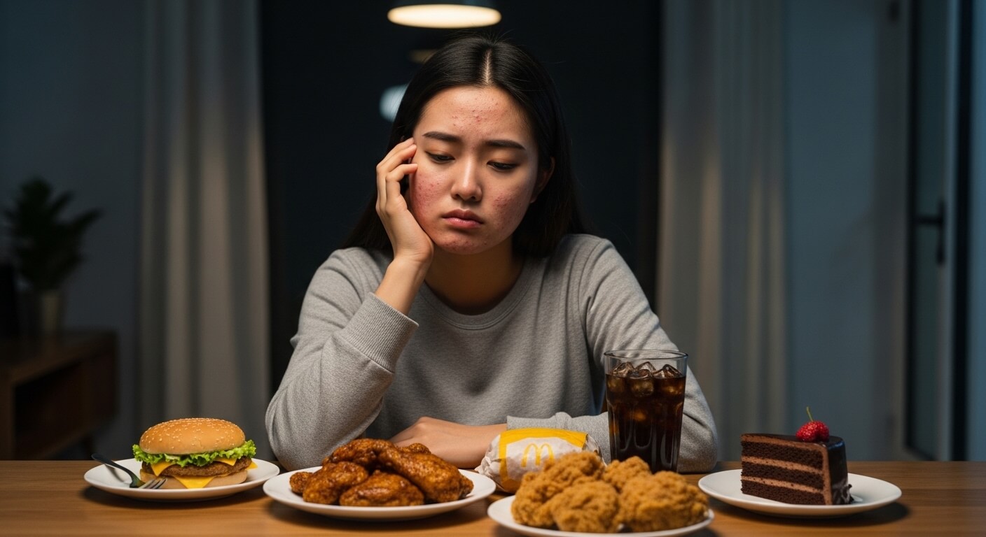 피부 트러블이 있는 여성이 햄버거, 치킨, 탄산음료, 케이크 등 기름지고 당분이 많은 음식 앞에서 우울한 표정으로 앉아 있는 모습, 여드름과 식습관의 관계를 나타낸 이미지