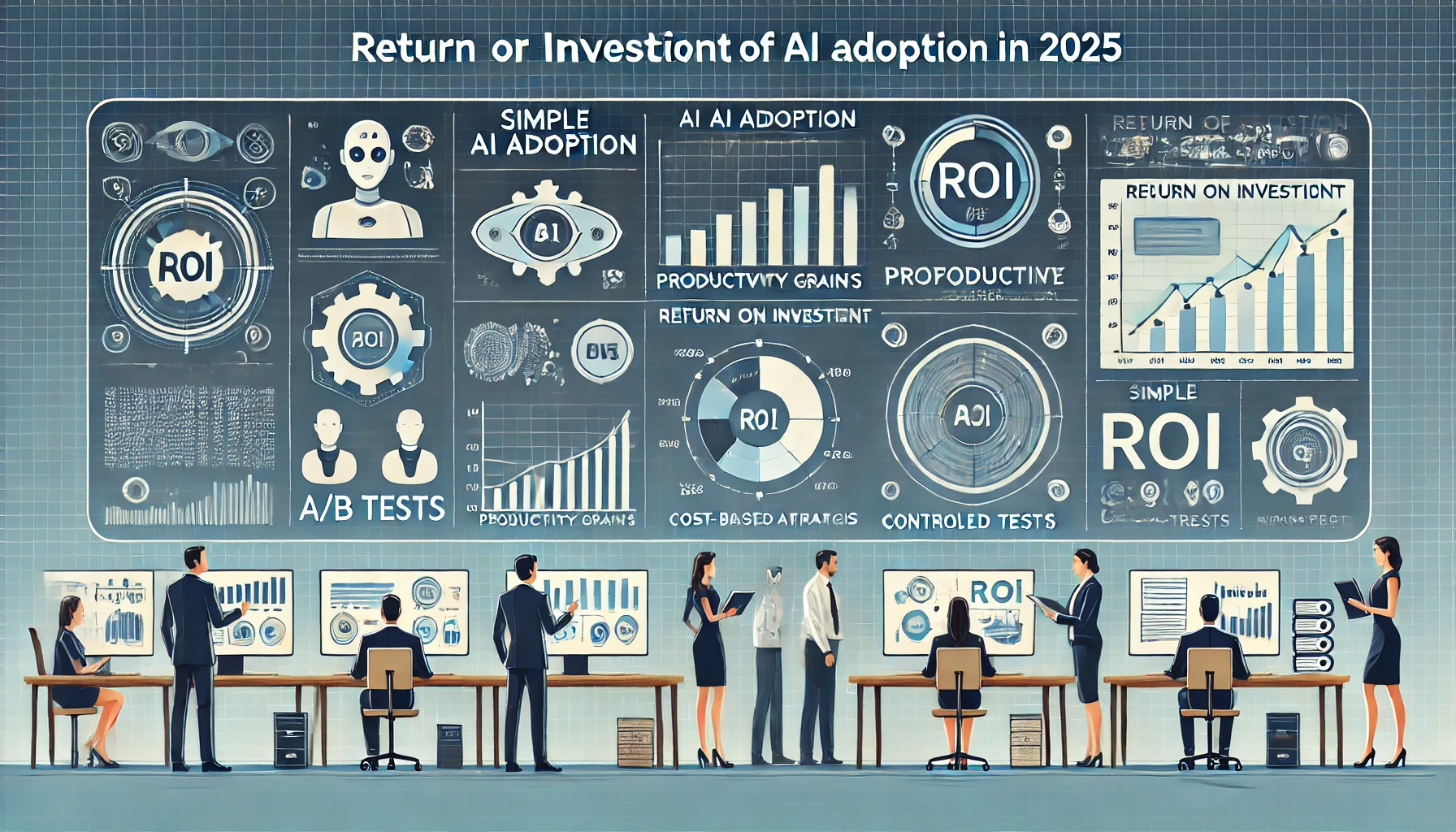 기업들이 AI 도입 효과를 정량적으로 분석하는 장면을 직관적으로 표현