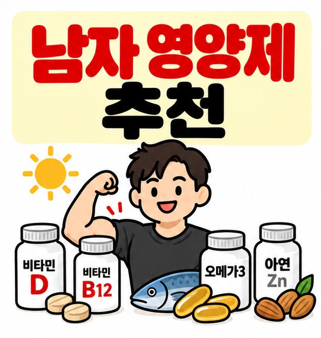 비타민 D B12 오메가3 아연 아이콘 옆에 남자 영양제 추천 문구를 크게 보여주는 대표 카드