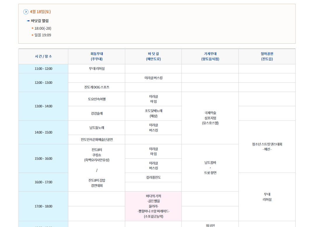 진도 신비의 바닷길 축제 일정(4월 18일)