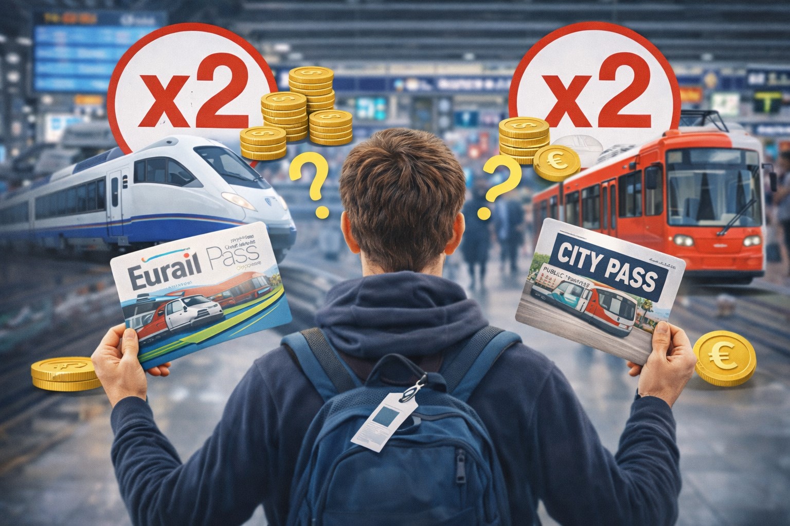 유럽 교통패스 선택에서 손익이 갈리는 핵심 상황을 상징하는 대표 이미지