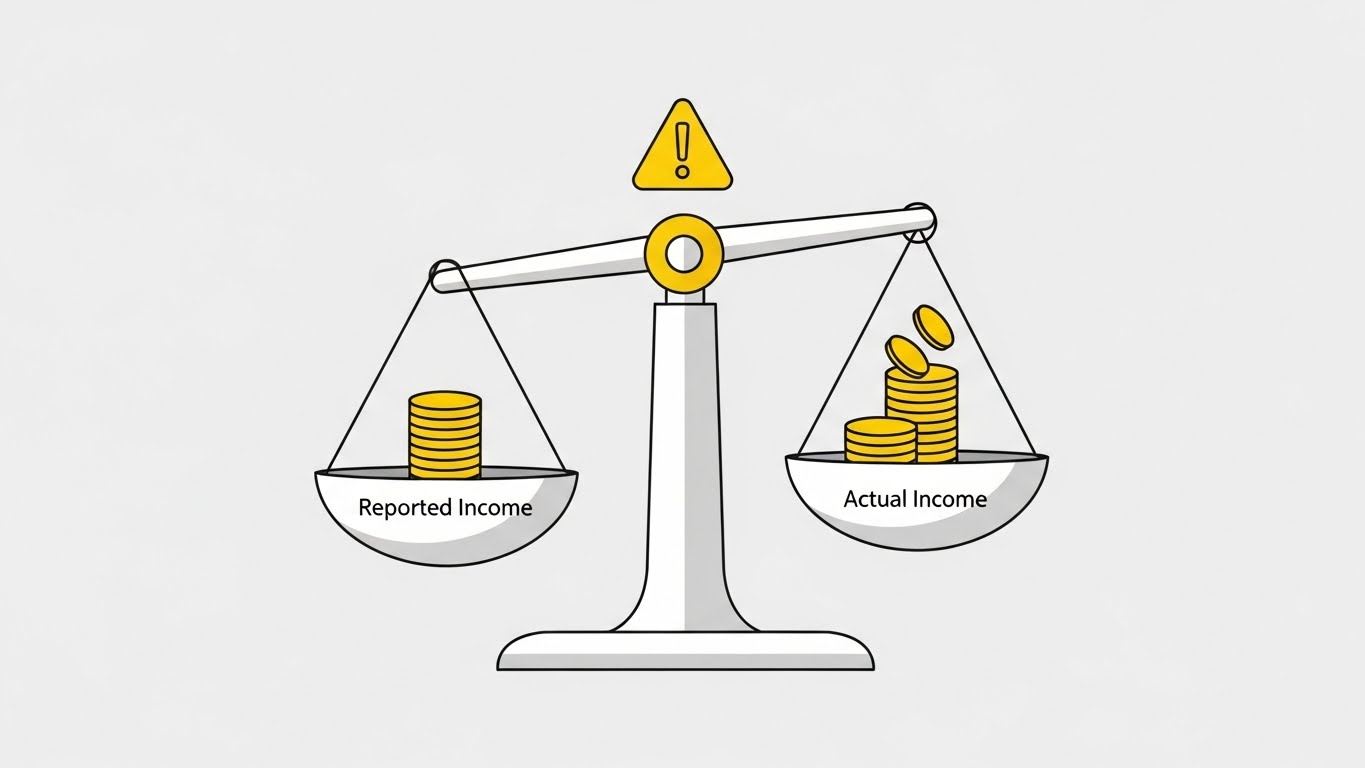 신고한 소득과 실제 소득이 다를 경우 나중에 차액을 더 낼 수 있음을 경고하는 그래픽