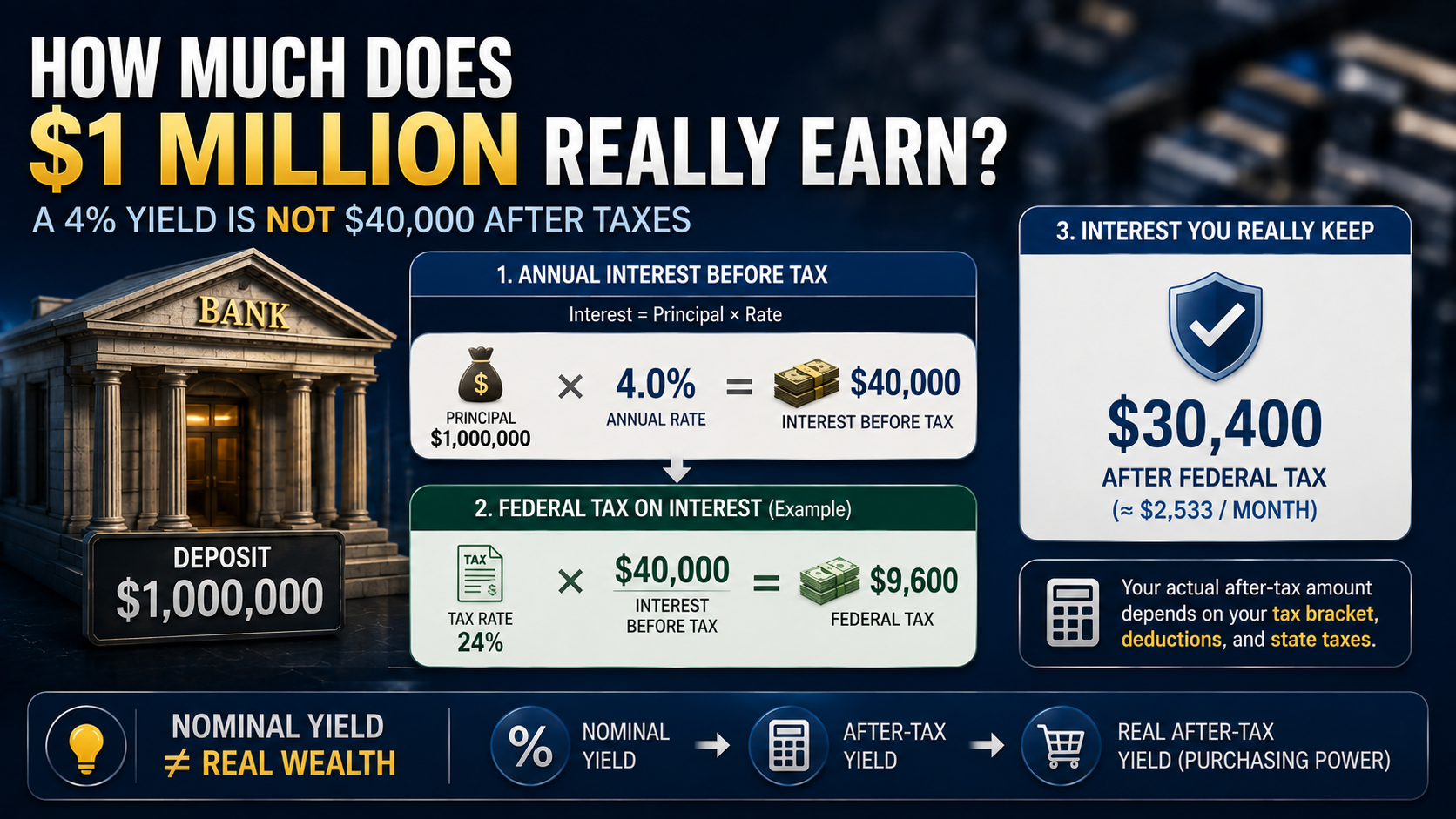 After-tax interest income from a $1 million bank deposit at different savings rates