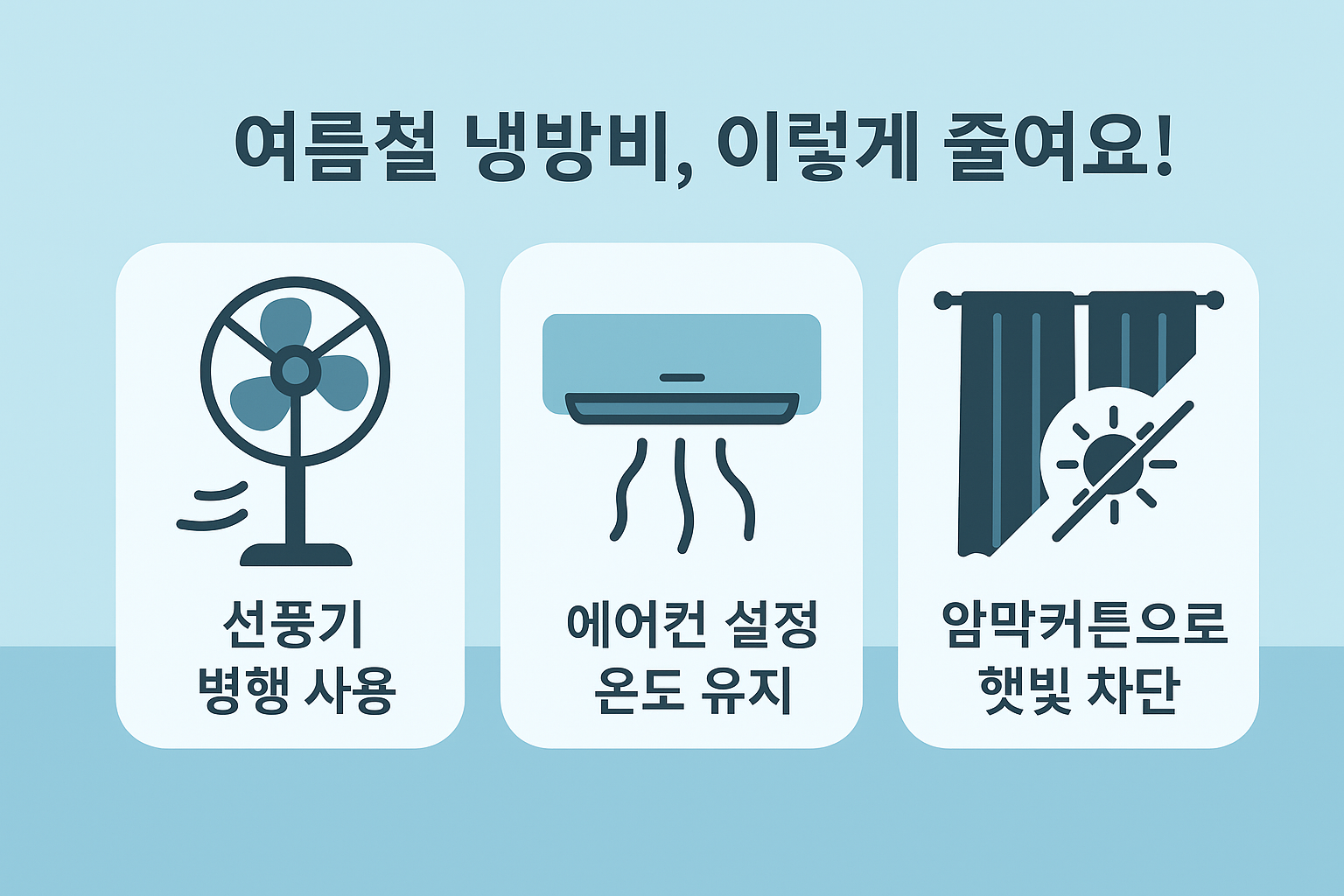 에어컨 전기요금 절약을 위한 선풍기 병행 사용과 커튼 활용 인포그래픽 이미지