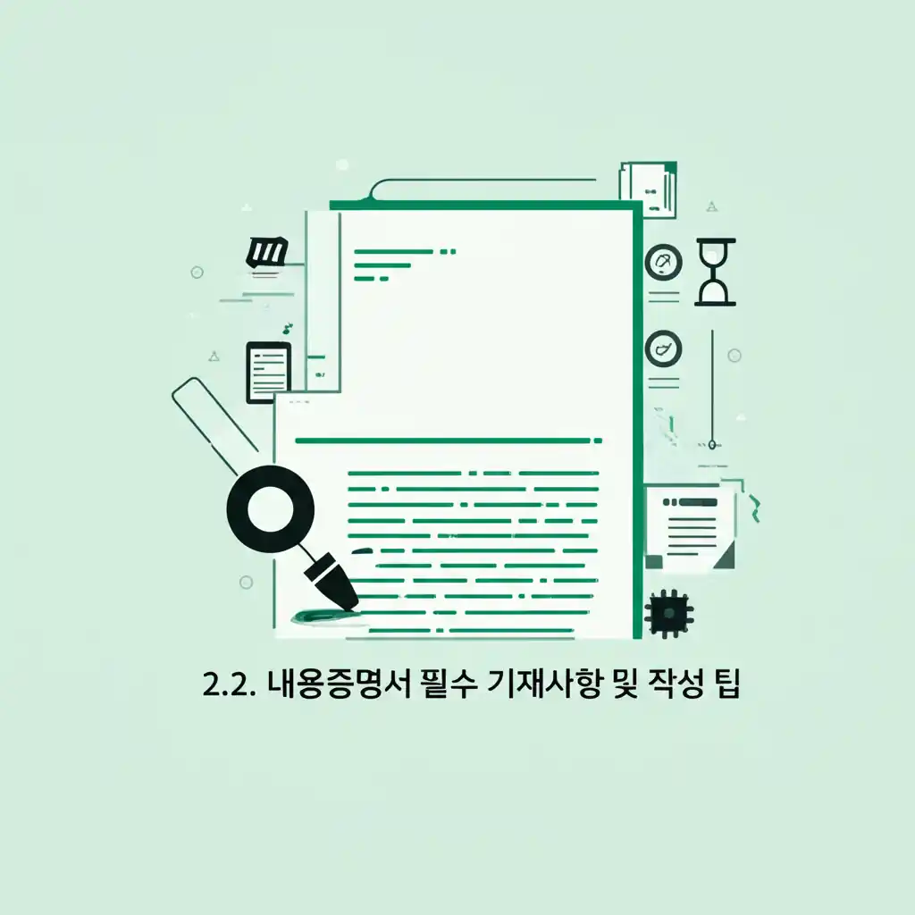 내용증명서 양식 다운로드 후 필수 기재사항과 작성 팁을 안내하는 이미지.