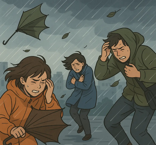 태풍이 와서 바람과 비에 힘들어하는 사람들 일러스트