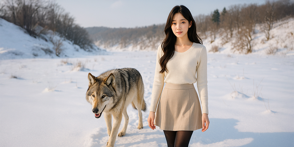 늑대와 함께 걷고 있는 사람