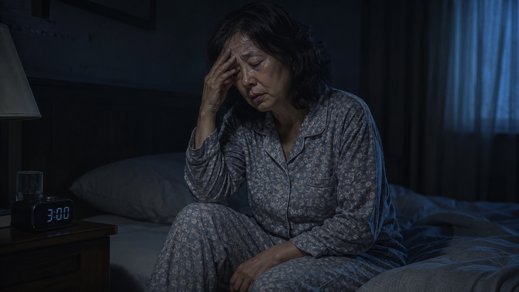 자기 전 수박 섭취로 인해 발생한 야간뇨 때문에 새벽에 깨어 피곤해하는 50대 중년 여성