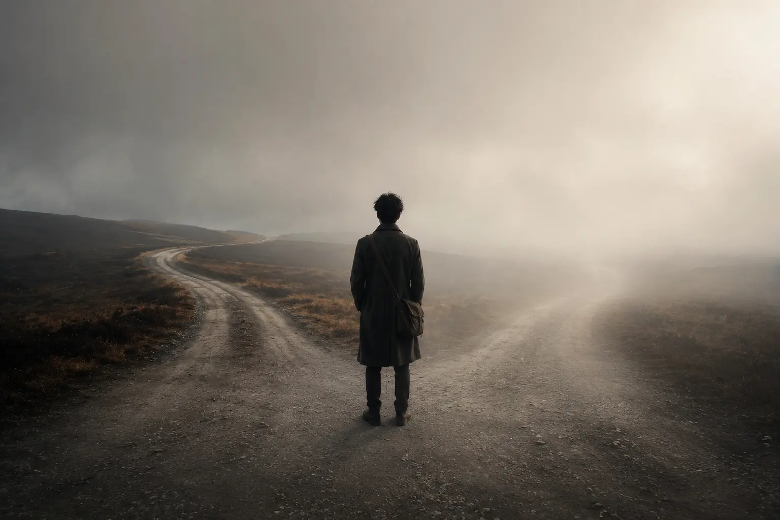 A traveler standing at a crossroads choosing between a safe path and an uncertain path.