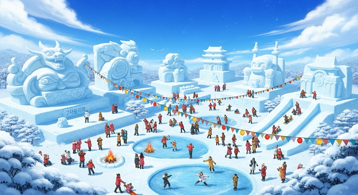 태백산 눈축제 현장의 거대한 눈조각과 눈꽃이 핀 설경