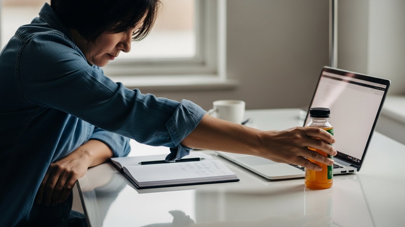 한-여성이-책상에-앉아-건강-음료병을-잡고-있습니다.