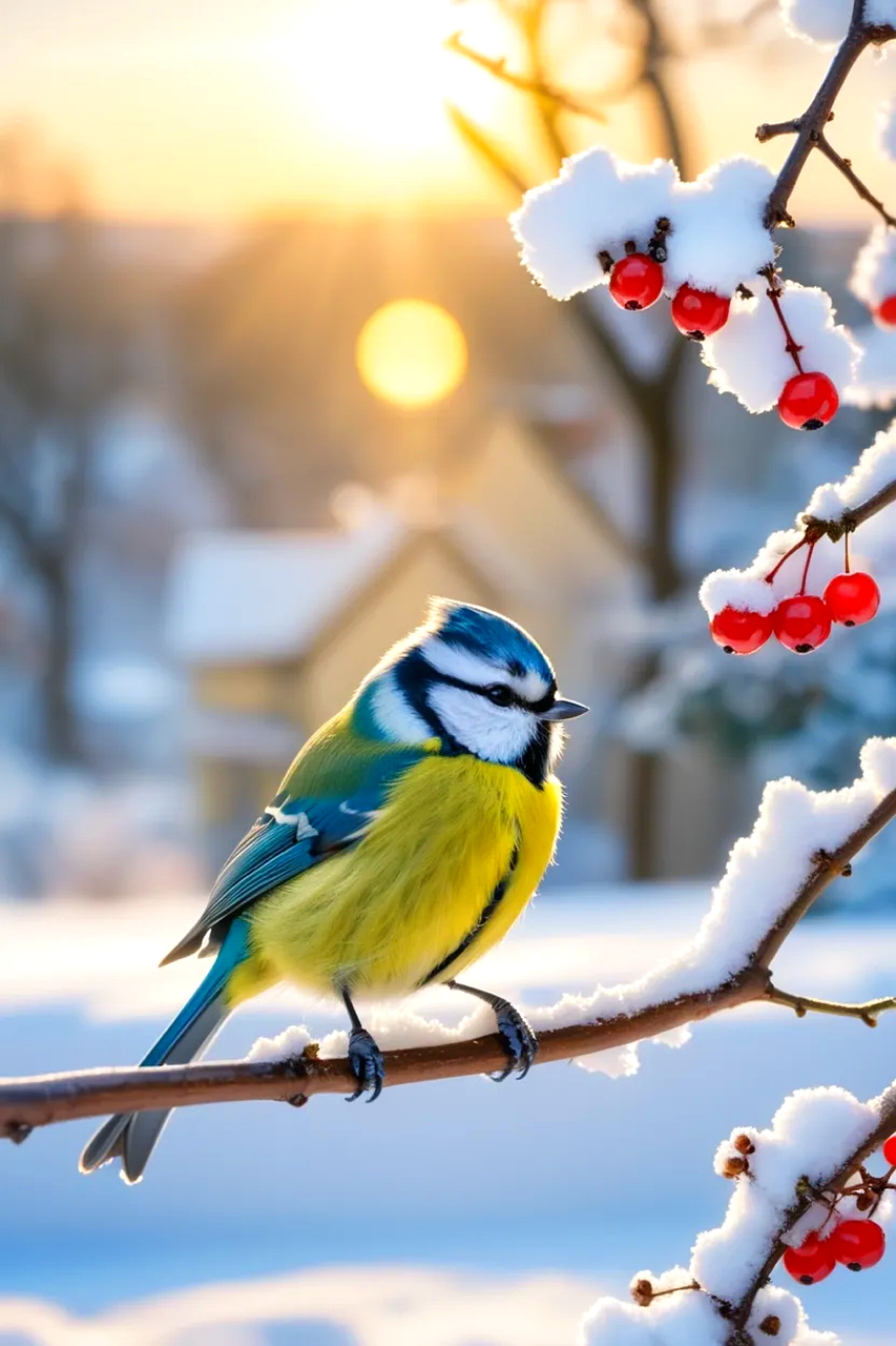 아침햇살과 새와 눈내린 아침 나뭇가지