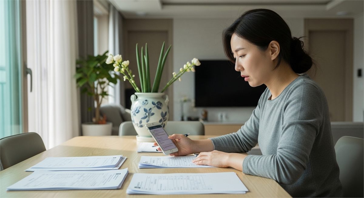 식탁에서 서류와 휴대폰으로 지원금 정보를 확인하는 한국인 여성