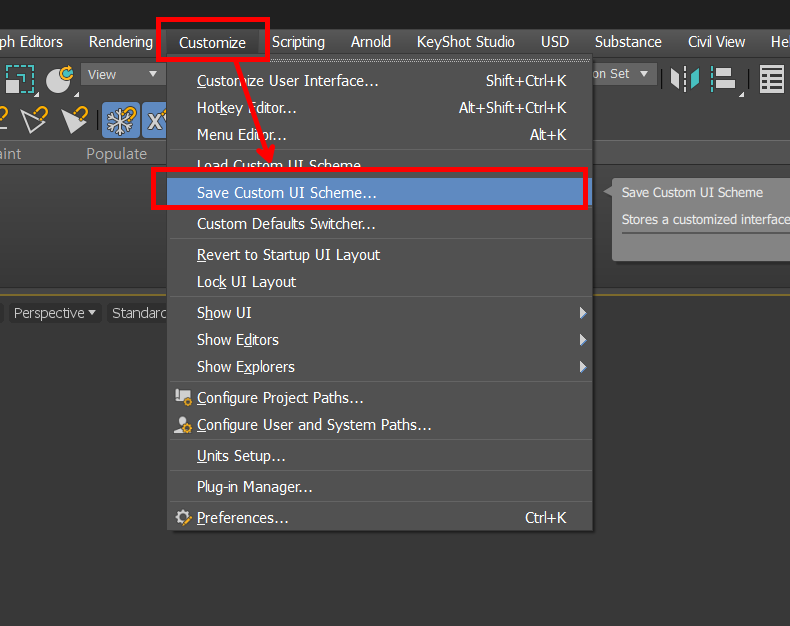 Customize > Save Custom UI Scheme