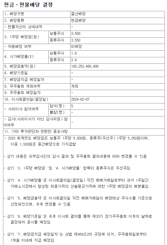 SK(주) 배당 공시