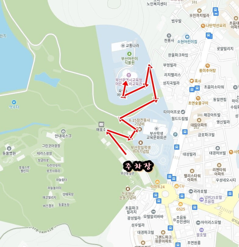 어린이대공원 주차장에서 부산 어린이창의교육관으로 올라가는 첫 번째 도보 동선 지도