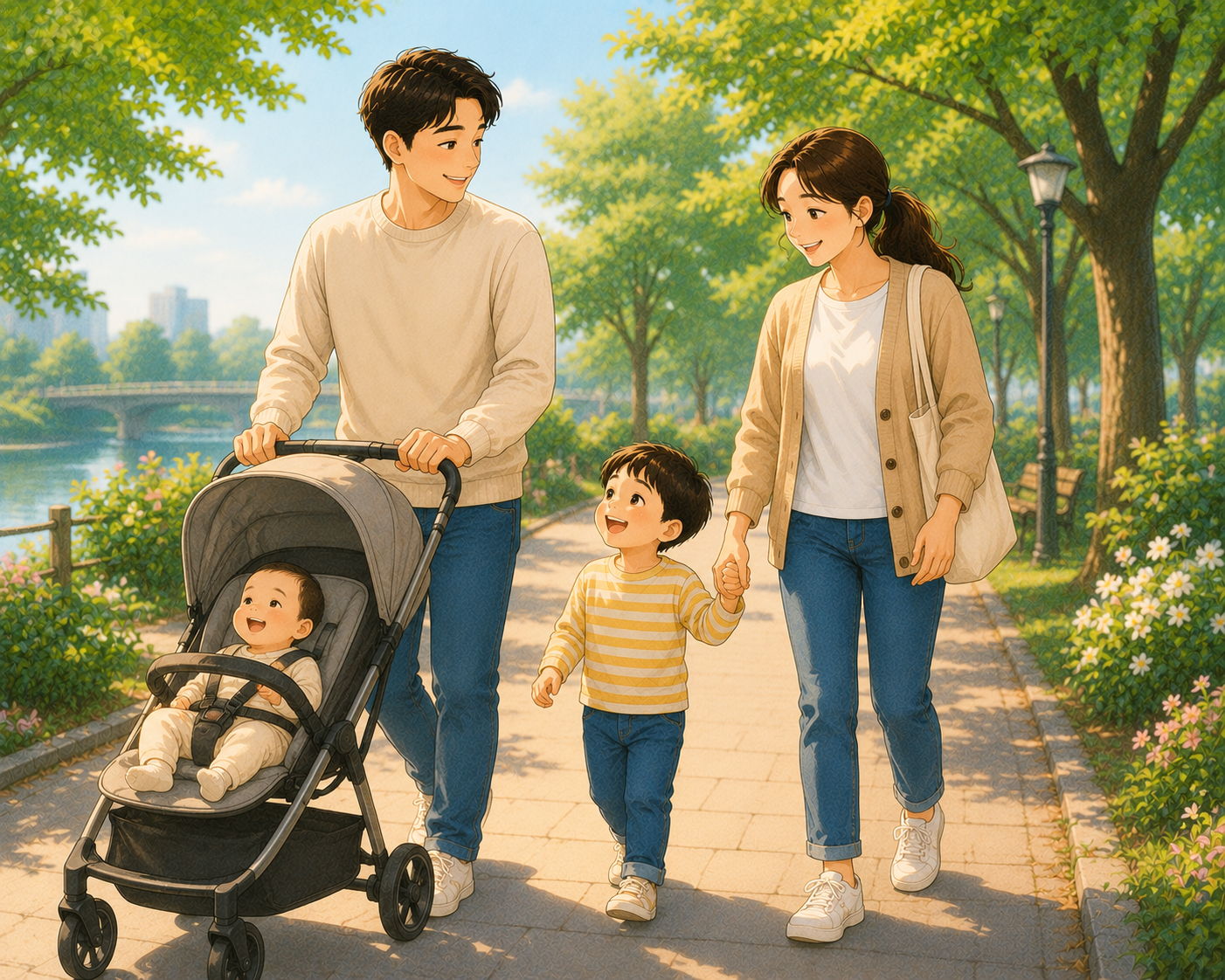 아이와 손을 잡고 웃으며 산책하는 부모