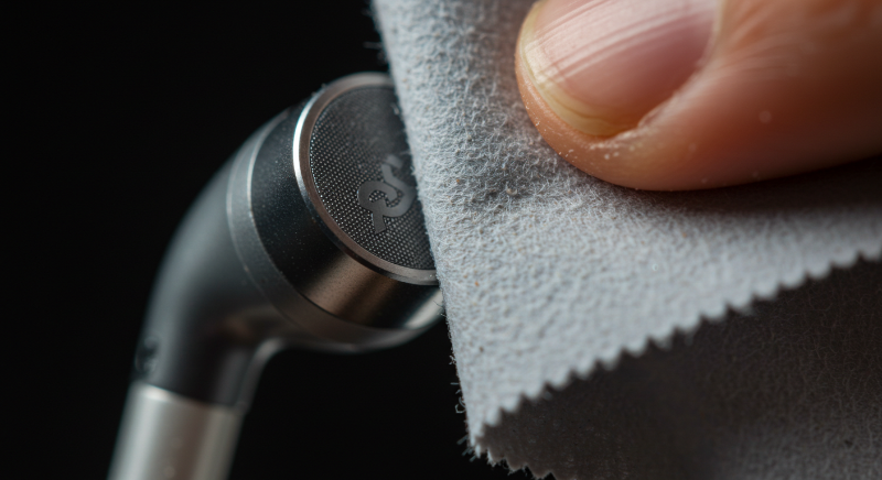 이어폰 본체 전체를 부드러운 마른 천으로 닦아냅니다.