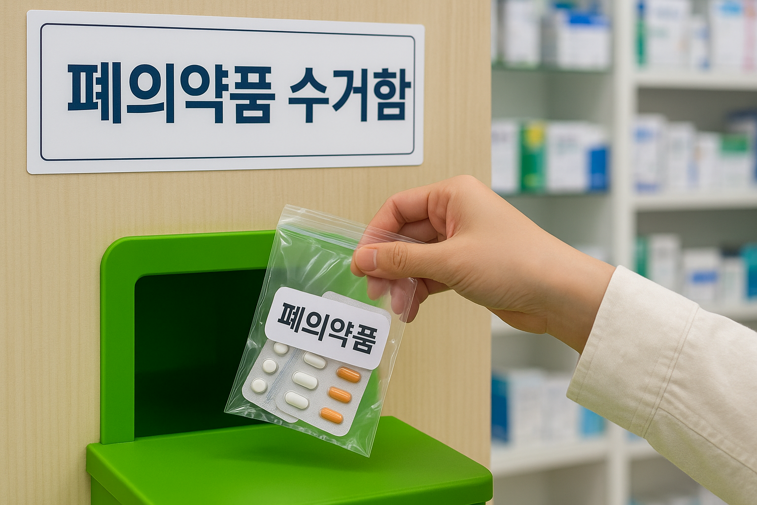 “약국 폐의약품 수거함에 밀봉한 약 봉투를 넣는 손 – 폐의약품 안전배출 안내”