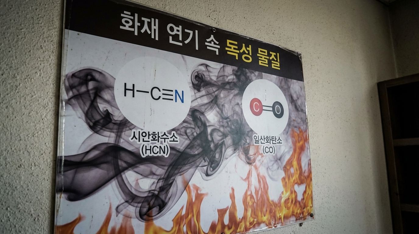 화재 연기 속에 포함된 시안화수소, 일산화탄소 등 화학 물질 분자 이미지