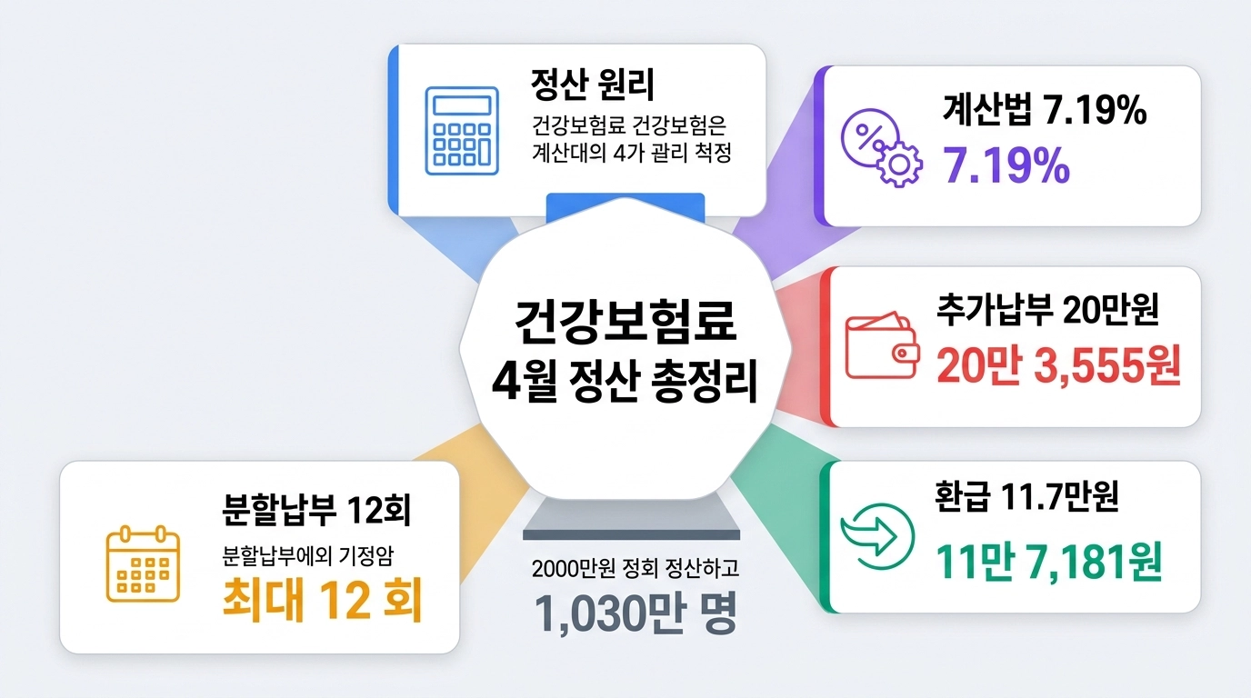 2026년 건강보험료 4월 정산 추가납부 계산법 환급 분할납부 인포그래픽