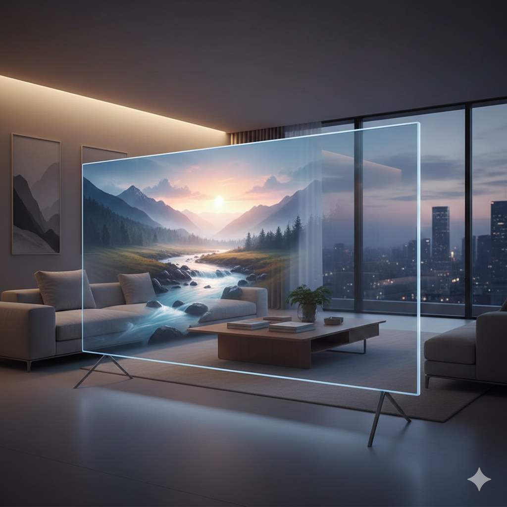 넓고 현대적인 거실의 창문 앞에 놓인 초대형 투명 OLED TV의 모습이에요. TV 화면에는 해 질 녘 산과 강이 있는 아름다운 자연 풍경이 밝게 재생되고 있으며, 화면 너머로는 도시의 야경이 투명하게 비쳐 보여요. 투명 디스플레이가 거실 공간과 완벽하게 조화되는 모습을 현실적으로 보여줘요.