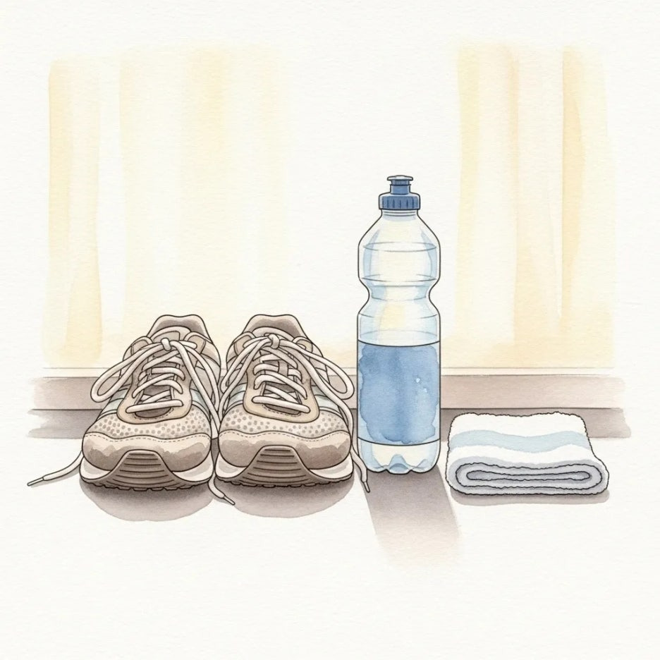 달리기를 위한 운동화와 물통 등의 준비물