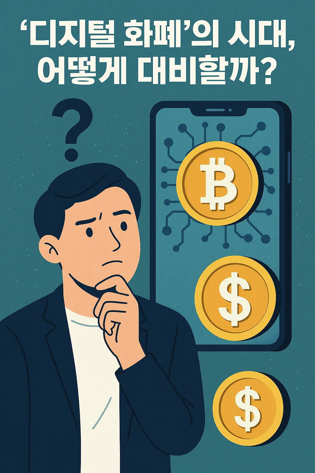 디지털-화폐의-시대에-어떻게-대비해야-할지를-고민하는-남성이-비트코인과-달러-기호가-나타난-스마트폰을-응시하는-일러스트