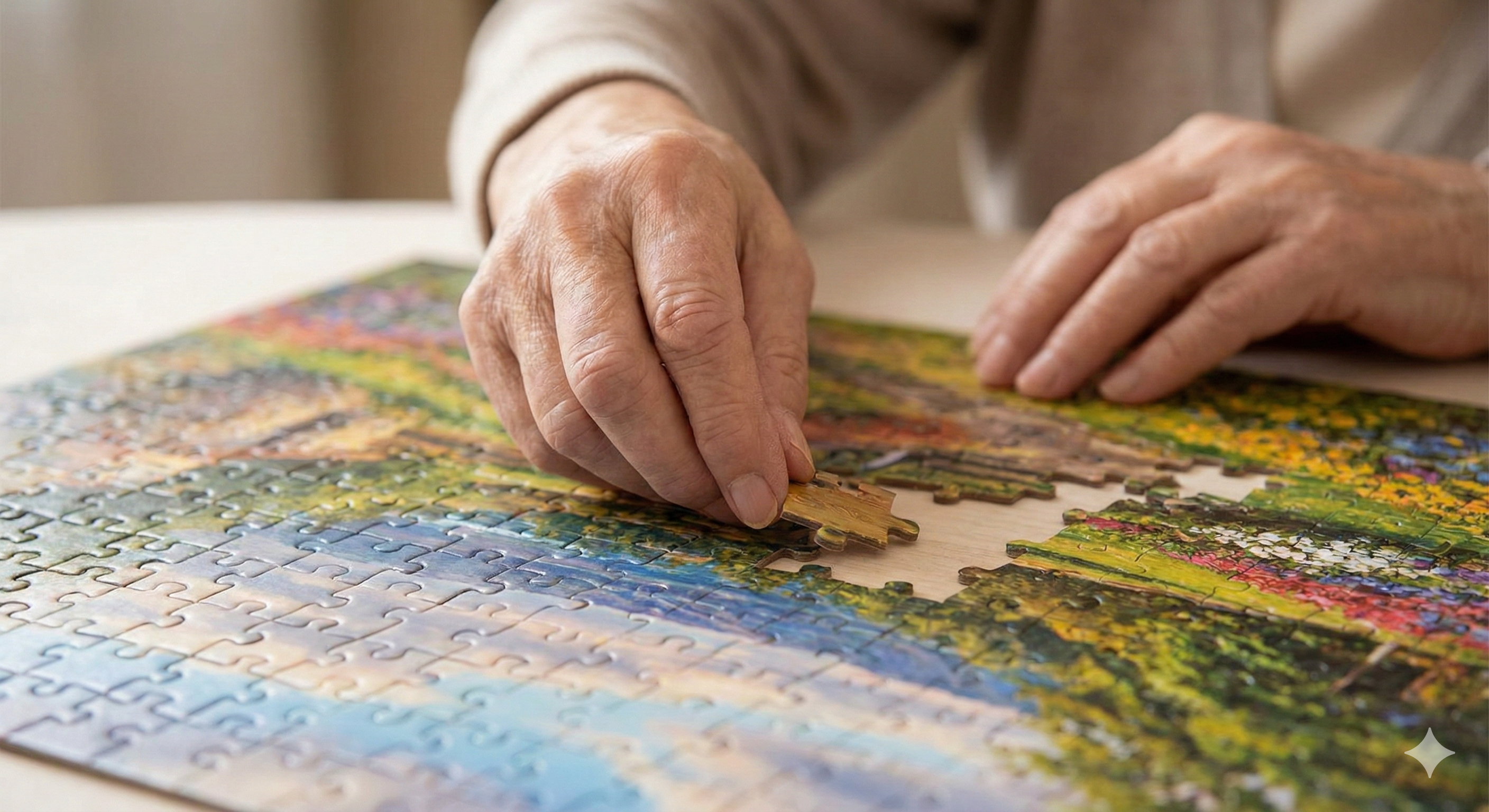 집중력 향상에 좋은 퍼즐을 맞추는 어르신의 손