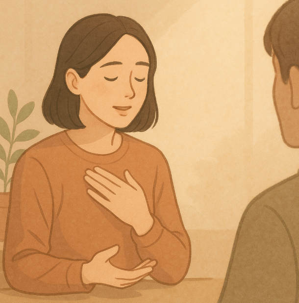 대화 중 차분하게 숨을 고르며 감정을 조절하는 모습 사진