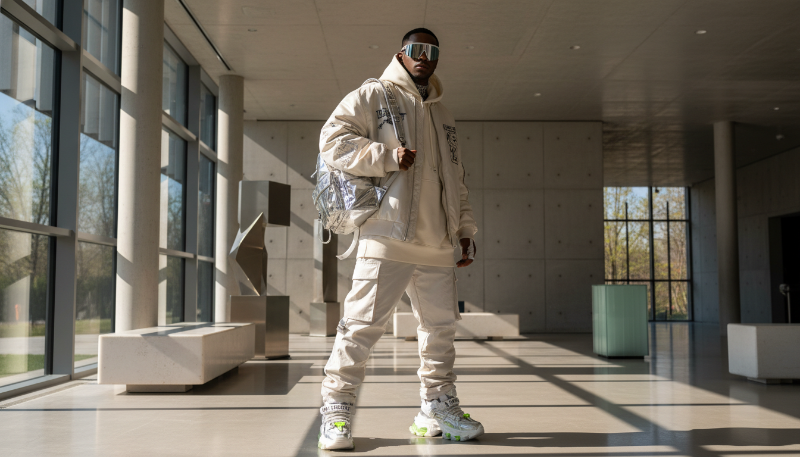 명품 어글리 슈즈와 스트릿 패션을 착용한 스타일리시한 인물