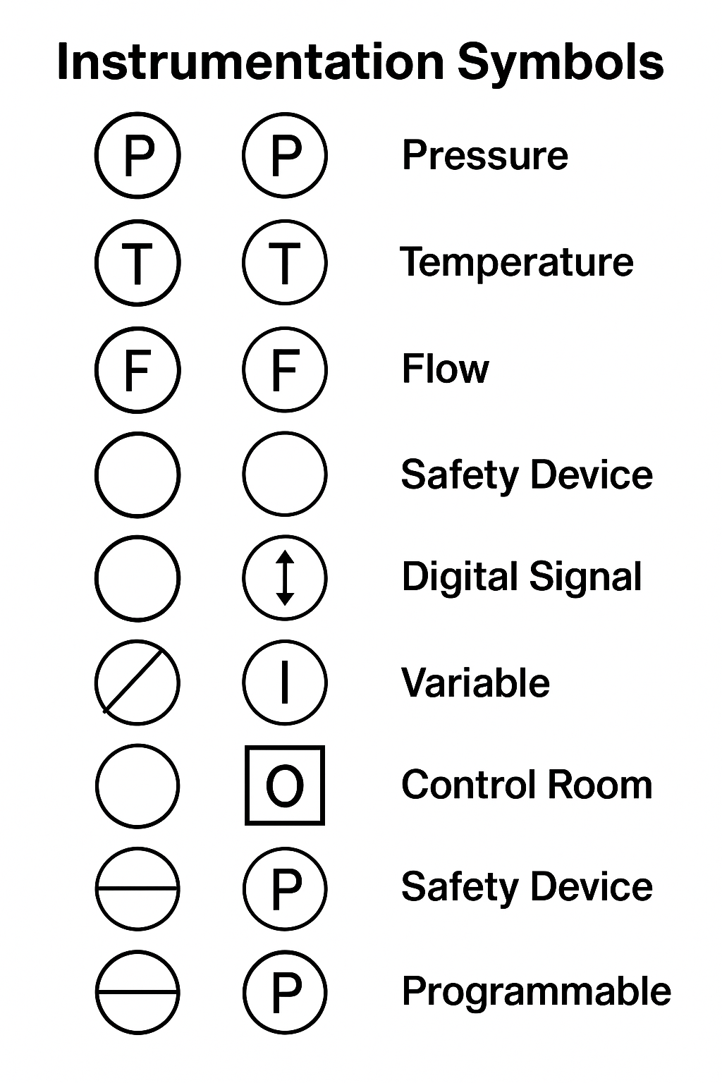 Instrumentation P&amp;ID symbols for pressure, flow, temperature, level