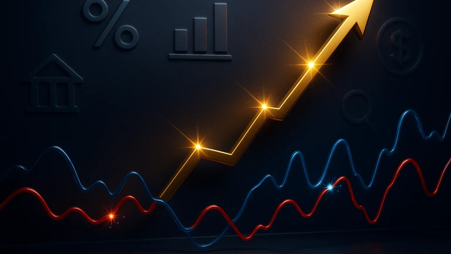 금리 상승과 주식 시장 변동성을 보여주는 차트와 그래프가 조화롭게 배치된 인포그래픽